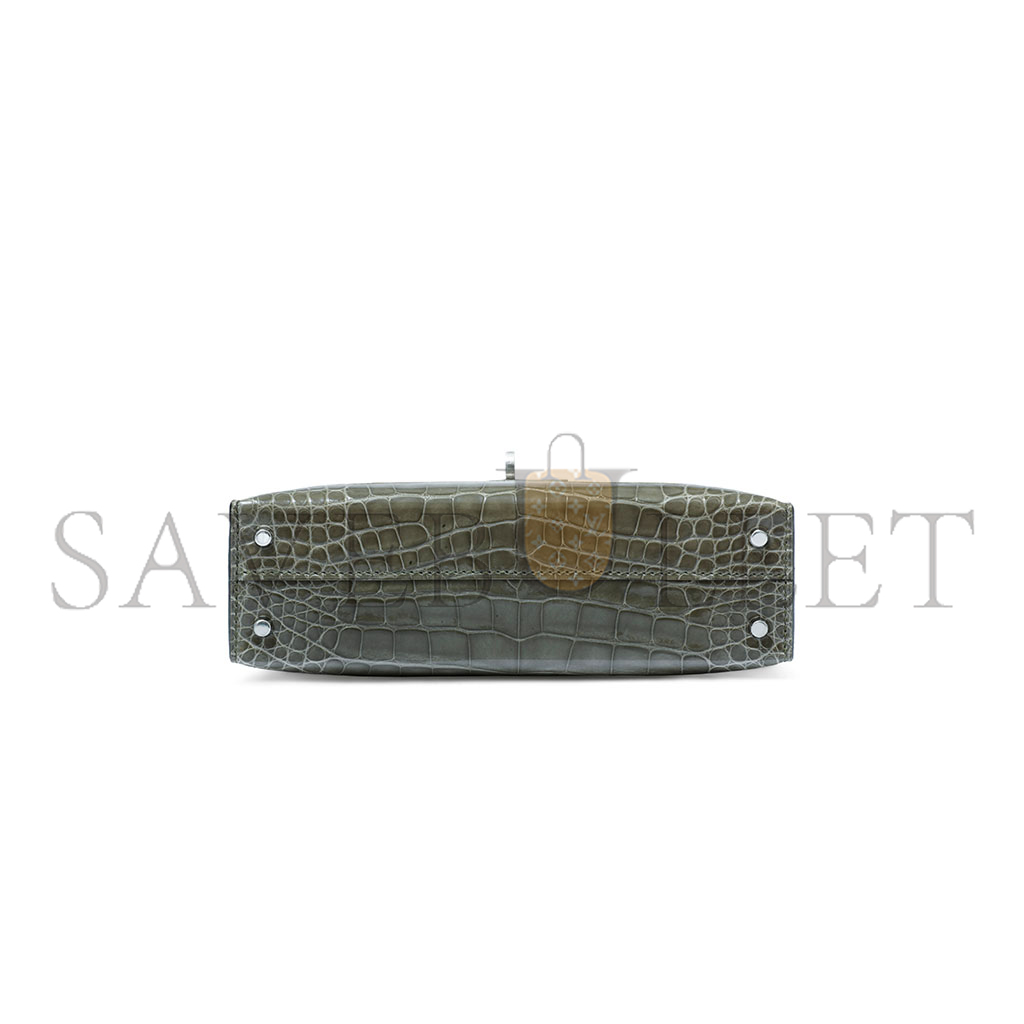 HERMÈS MASTER MINI KELLY II GLOSSY CROCODILE TURTLEDOVE GRAY SILVER BUCKLE (19*12*5.5cm)